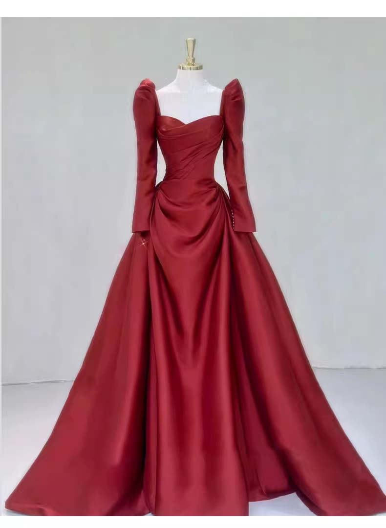 Simple Mermaid Long Sleeves Red Long Prom Dresses C88