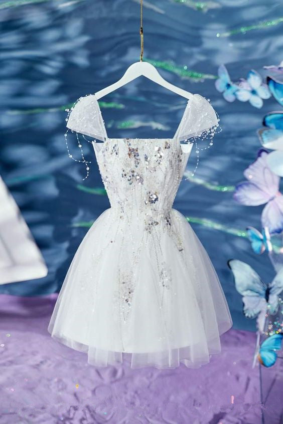 Robe de bal Simple en Tulle, tenue courte d'anniversaire, robe de soirée blanche, C890