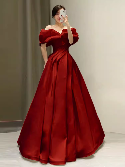 Simple A Line Off The Shoulder Red Long Prom Dresses C90