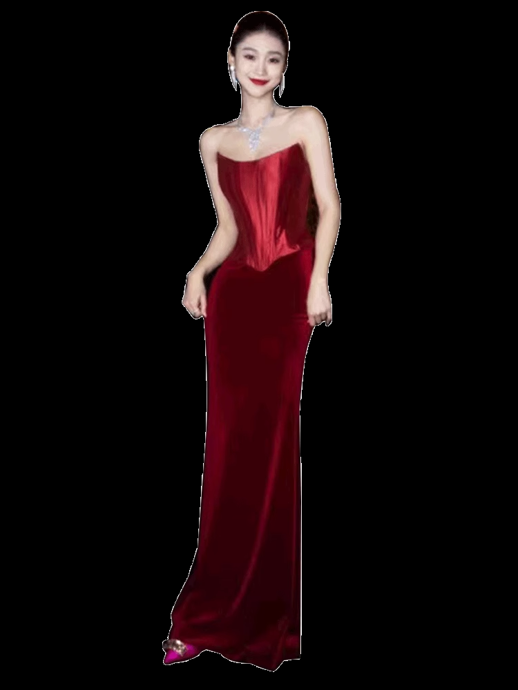 Simple une ligne sans bretelles vin rouge longues robes de bal C91