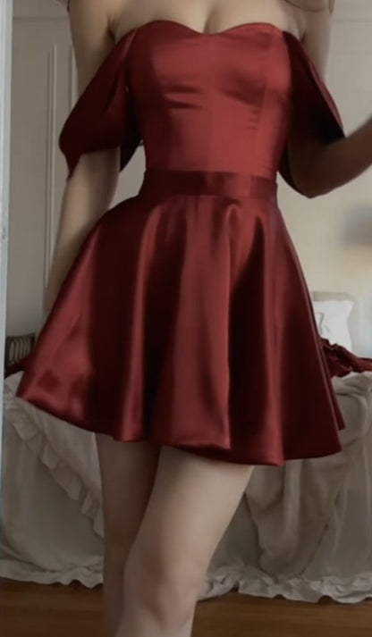 Robe de soirée en Satin Vintage, ligne A, épaules dénudées, bordeaux, tenue d'anniversaire, C927