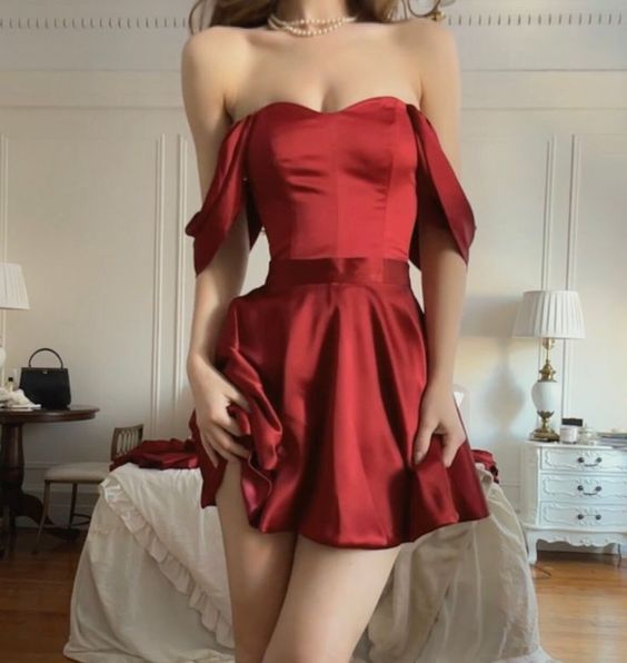 Robe de soirée en Satin Vintage, ligne A, épaules dénudées, bordeaux, tenue d'anniversaire, C927