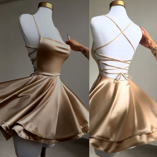 Vintage A line Straps Gold Backless Birthday Outfits Satin Homecoming Dress C928