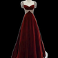 Simple A Line Short Sleeves Velvet Burgundy Long Prom Dresses C92