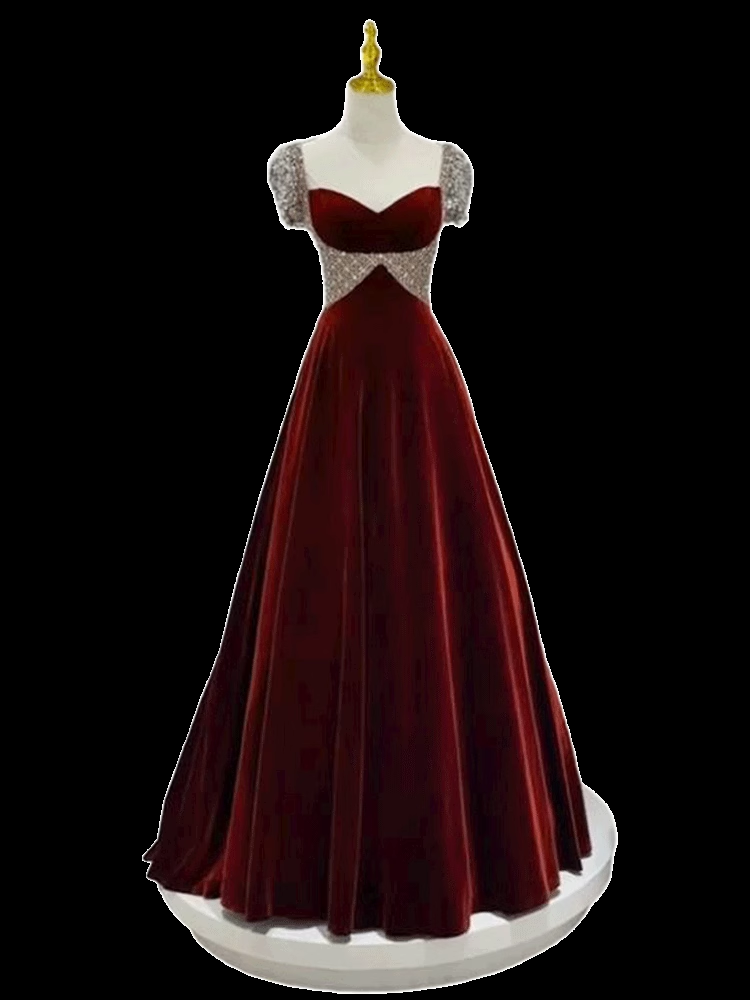 Simple A Line Short Sleeves Velvet Burgundy Long Prom Dresses C92