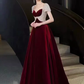 Simple A Line Short Sleeves Velvet Burgundy Long Prom Dresses C92