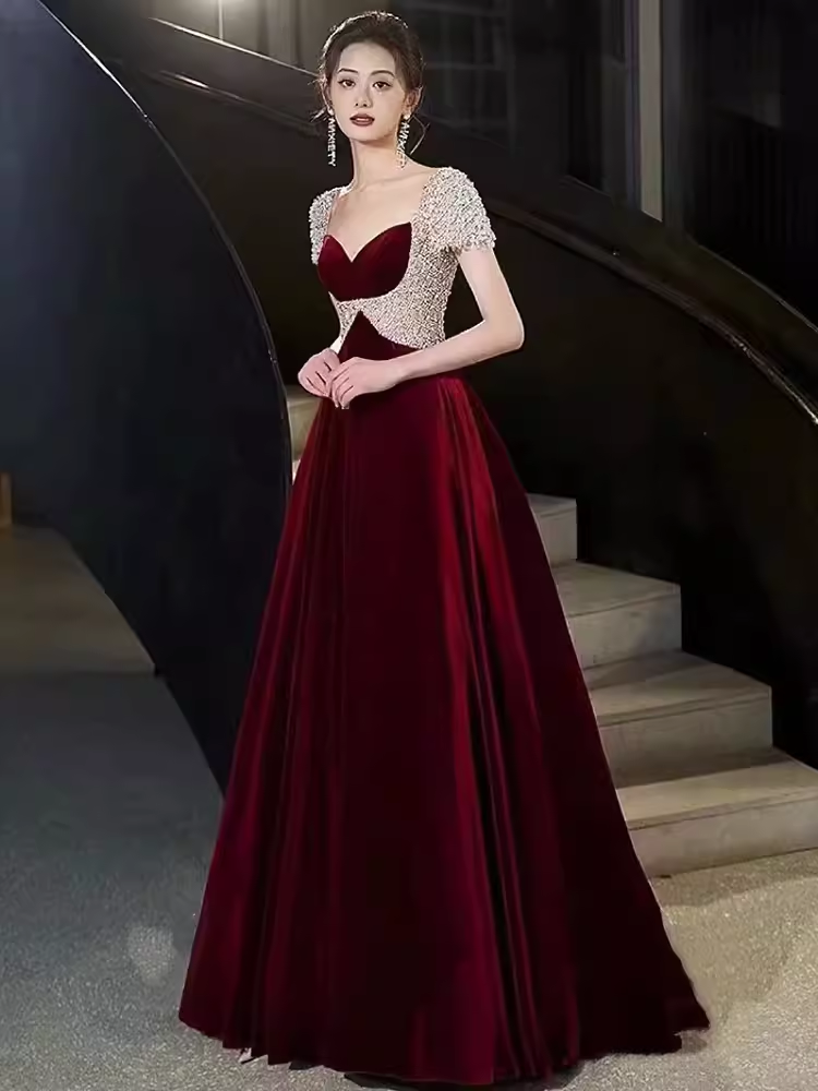 Simple A Line Short Sleeves Velvet Burgundy Long Prom Dresses C92