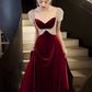 Simple A Line Short Sleeves Velvet Burgundy Long Prom Dresses C92