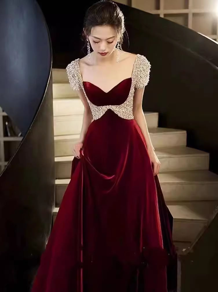 Simple A Line Short Sleeves Velvet Burgundy Long Prom Dresses C92