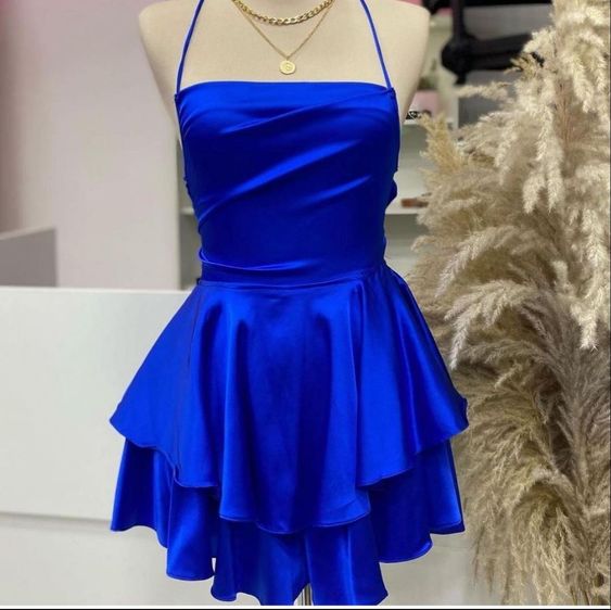 Vintage une ligne licou bleu Royal tenues d'anniversaire robe de soirée en Satin C930