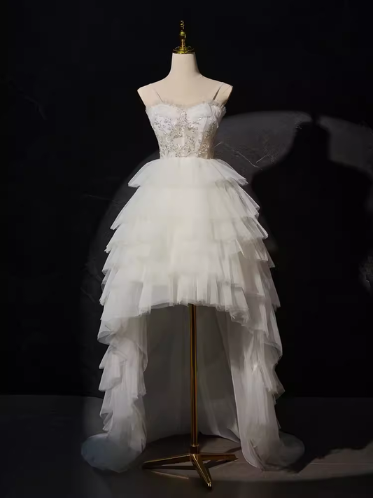 Robe de bal longue en Tulle blanc, sexy, bretelles hautes et basses, sans manches, C936