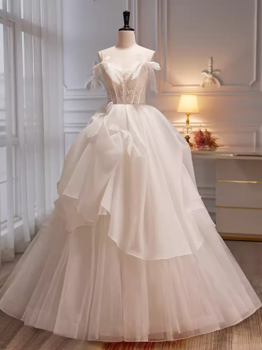 Modest Ball Gown Off The Shoulder Short Sleeves White Tulle Long Prom Dress C937