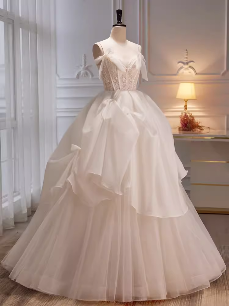 Modest Ball Gown Off The Shoulder Short Sleeves White Tulle Long Prom Dress C937