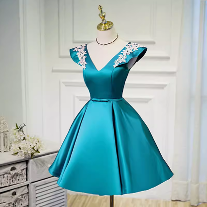 Robe de soirée en Satin bleu, ligne A modeste, décolleté en V, tenue d'anniversaire, C940