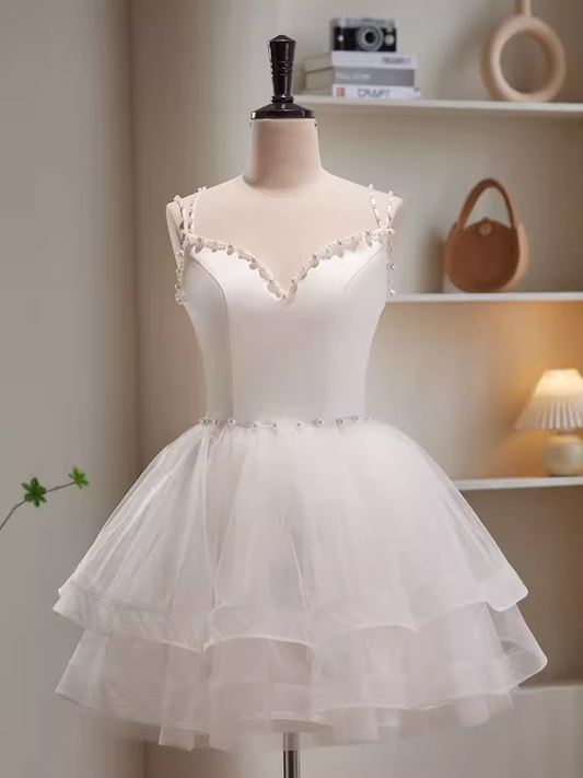 Robe de bal modeste à bretelles, tenue d'anniversaire en Tulle blanc, robe de soirée C941