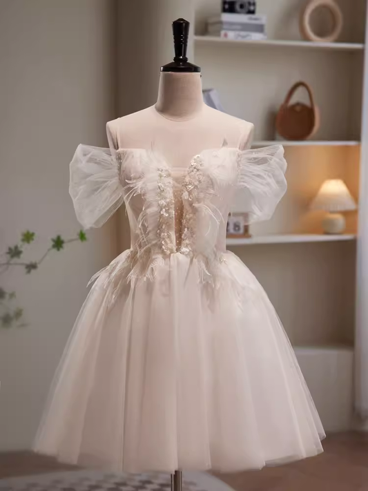 Robe de bal modeste, épaules dénudées, en Tulle blanc, tenue d'anniversaire, robe de soirée, C942