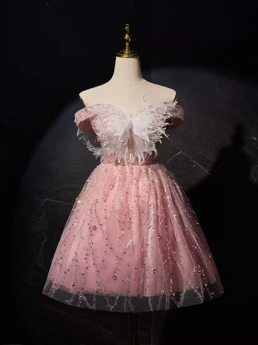 Robe de bal modeste, épaules dénudées, en Tulle rose, tenues d'anniversaire, robe de soirée, C943