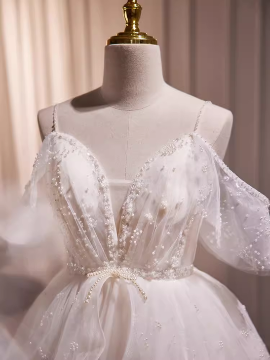 Robe de bal modeste, épaules dénudées, en Tulle blanc, tenues d'anniversaire, robe de soirée, C944