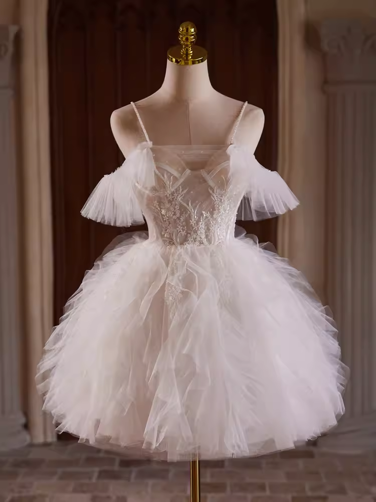 Robe de bal modeste, épaules dénudées, en Tulle blanc, tenues d'anniversaire, robe de soirée, C945