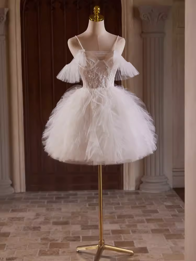 Robe de bal modeste, épaules dénudées, en Tulle blanc, tenues d'anniversaire, robe de soirée, C945