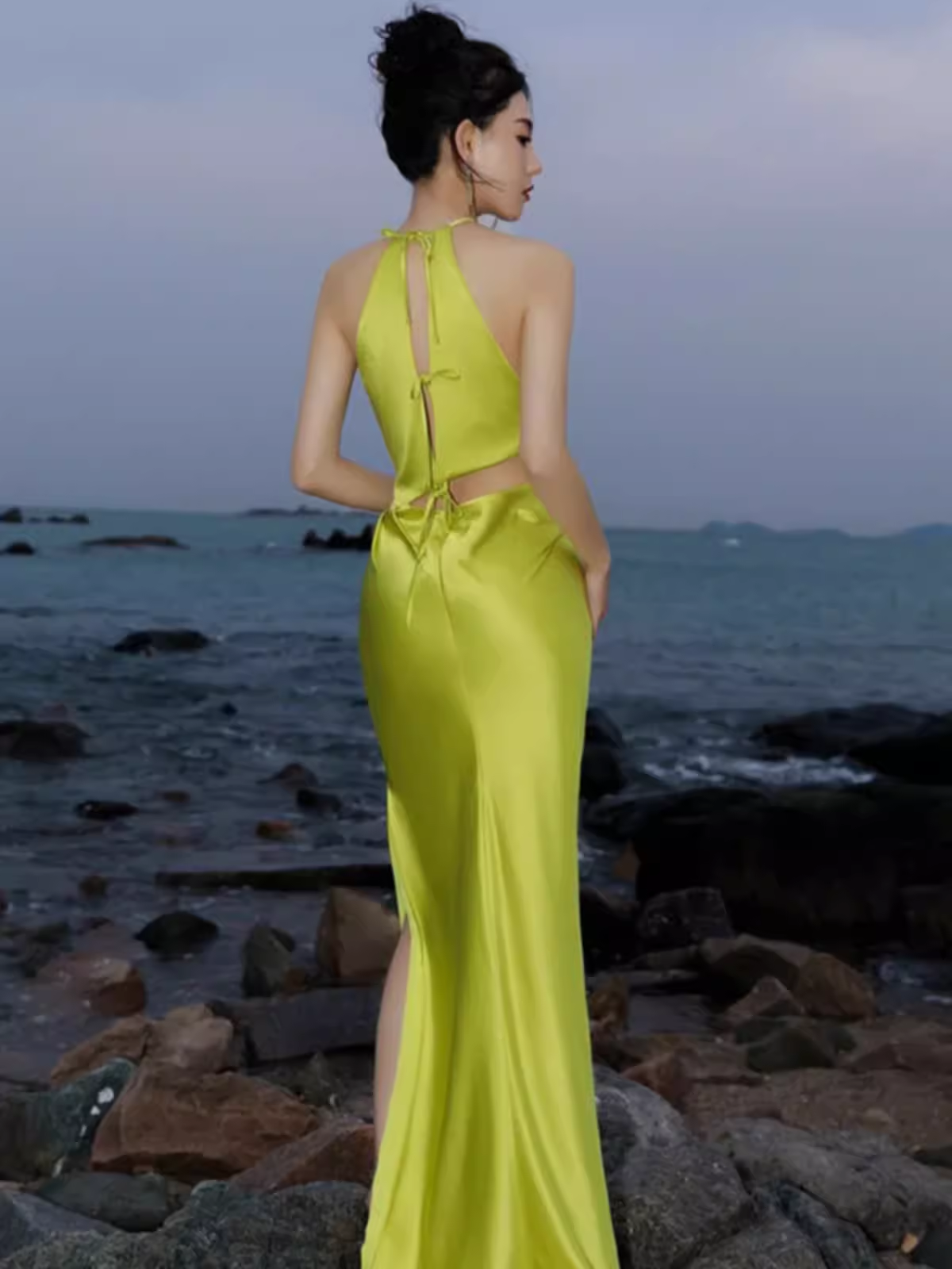 Sexy Mermaid Halter Bud Green Silk Satin Long Prom Dress C948