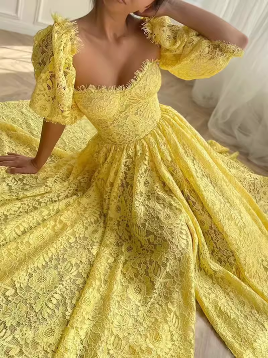 Sexy A Line Square Neckline Lace Yellow Long Prom Dresses C952