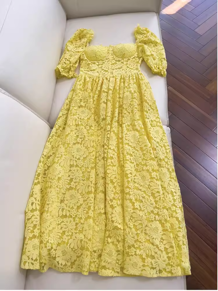 Sexy A Line Square Neckline Lace Yellow Long Prom Dresses C952