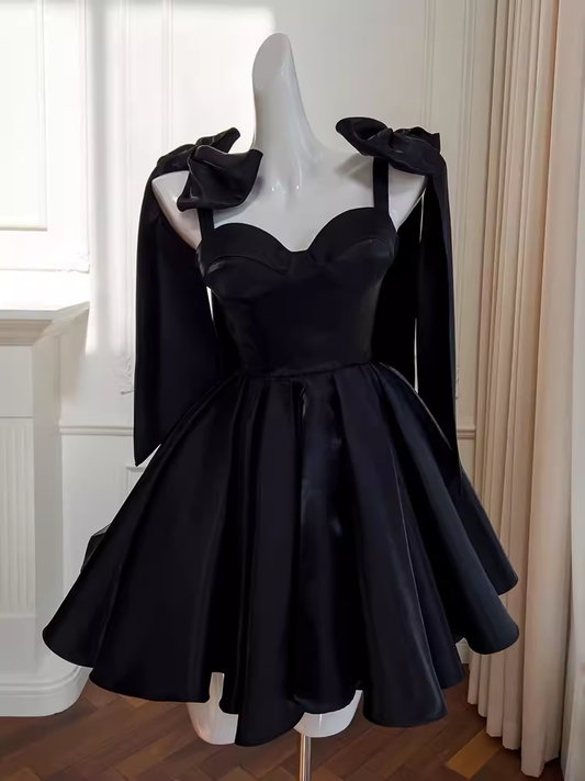 Sexy A line Straps Black Satin Birthday Outfit Homecoming Dresses C957