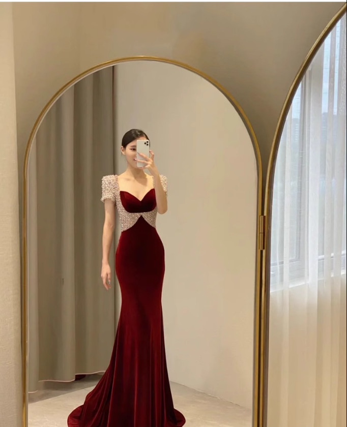 Simple Mermaid Burgundy Velvet Long Prom Dresses C95