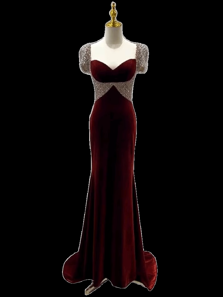 Simple Mermaid Burgundy Velvet Long Prom Dresses C95