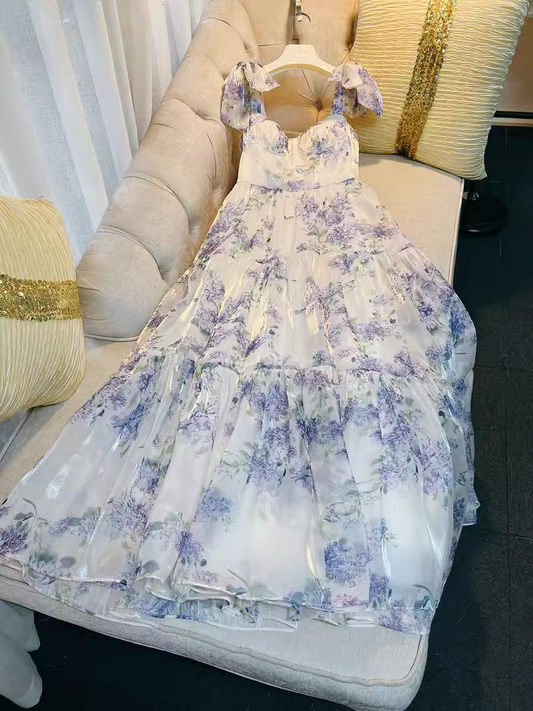 Sexy A Line StrapsNeckline Flower Lace Lilac Long Prom Dresses C960