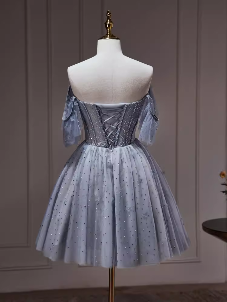 Robe de soirée sexy en tulle gris bleu à épaules dénudées C961