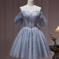 Robe de soirée sexy en tulle gris bleu à épaules dénudées C961