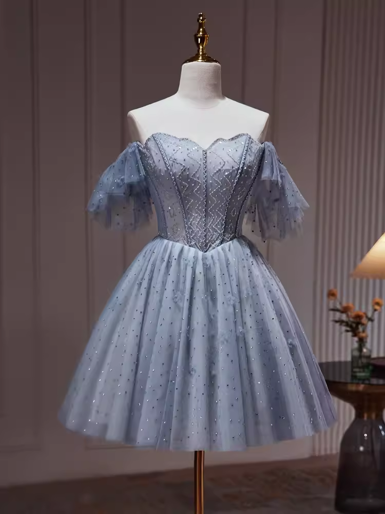 Robe de soirée sexy en tulle gris bleu à épaules dénudées C961