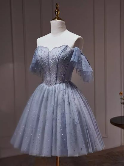 Robe de soirée sexy en tulle gris bleu à épaules dénudées C961