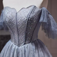 Robe de soirée sexy en tulle gris bleu à épaules dénudées C961