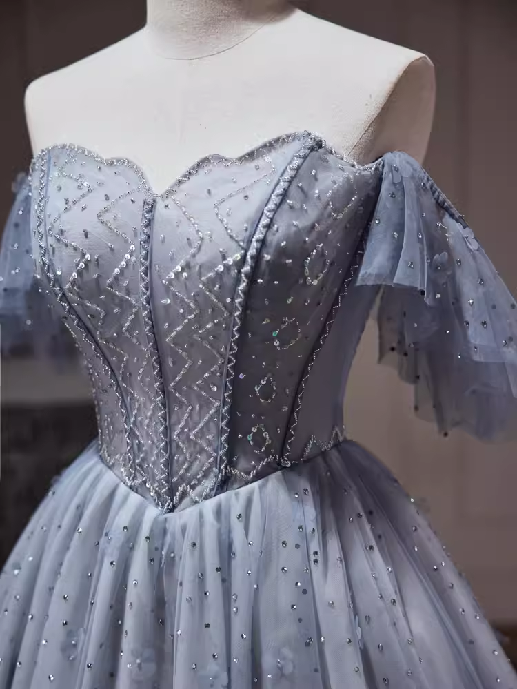 Robe de soirée sexy en tulle gris bleu à épaules dénudées C961