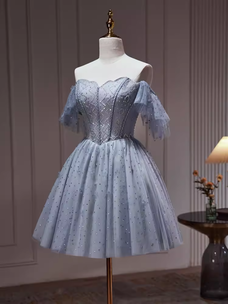 Robe de soirée sexy en tulle gris bleu à épaules dénudées C961