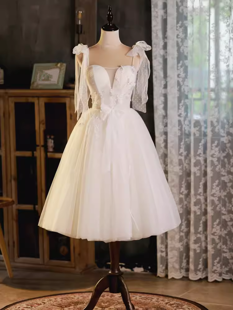 Sexy A line Straps Tulle White Short Homecoming Dresses C966