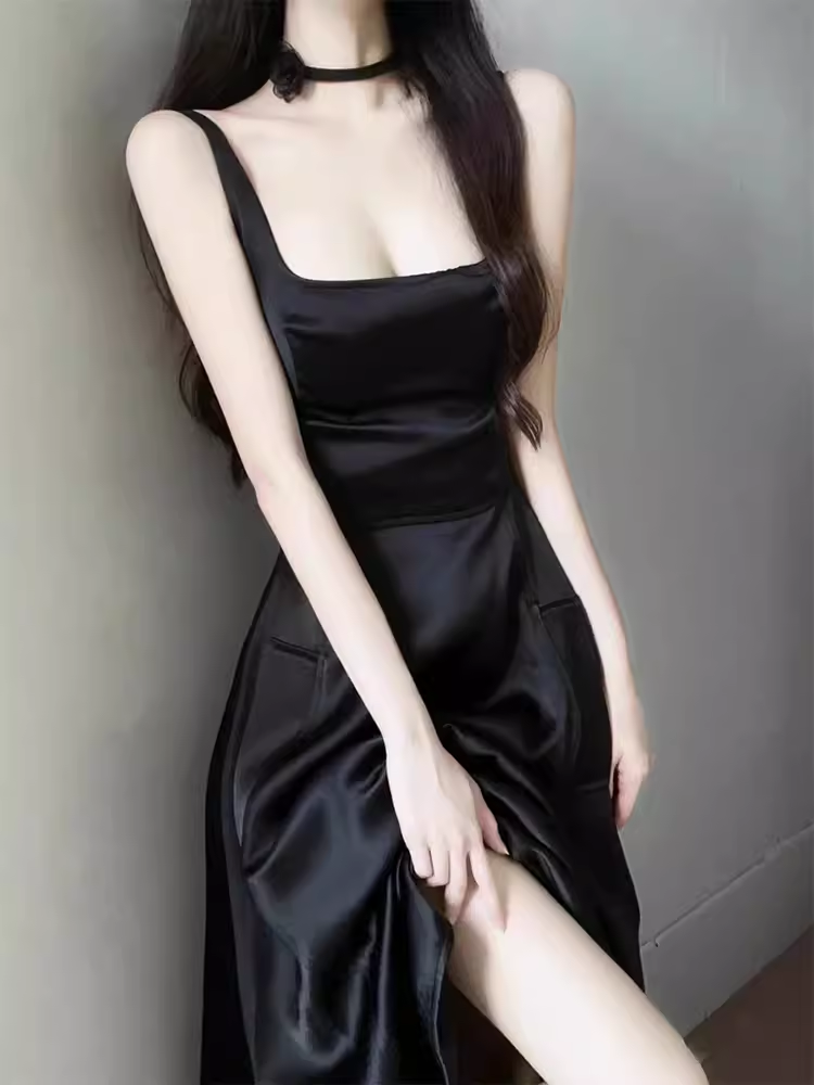 Simple A Line Straps Sleeveless Slit Black Prom Dress C969