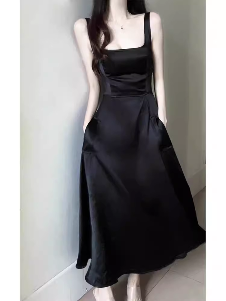 Simple A Line Straps Sleeveless Slit Black Prom Dress C969