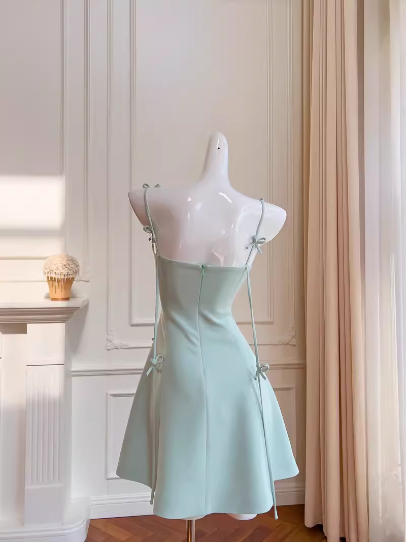 Robe de soirée en Satin vert menthe, bretelles trapèze simples, tenue de 21e anniversaire avec nœud, C978