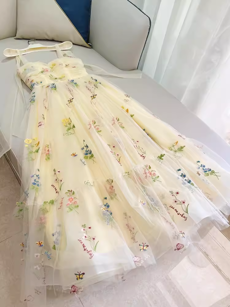 Robe de soirée en tulle à fleurs, ligne A, modeste, bretelles, tenue de 21e anniversaire avec nœud, C979