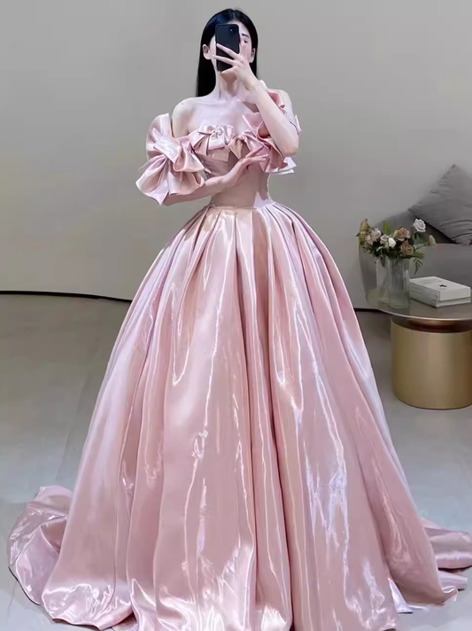 Simple Ball Gown Off The Shoulder Pink Long Prom Dresses C97