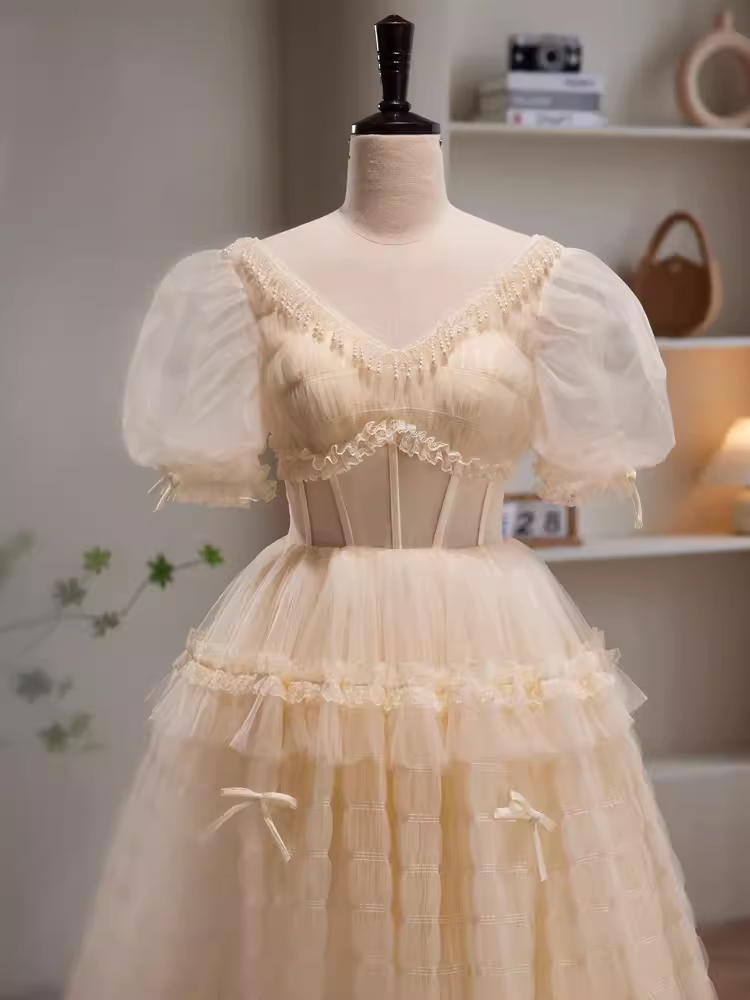 Robe de bal longue en Tulle, ligne A, col en V, manches courtes, conte de fées, C992