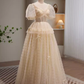 Fairytale A Line V neckline Short Sleeves Tulle Long Prom Dress C992