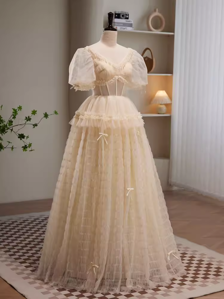 Robe de bal longue en Tulle, ligne A, col en V, manches courtes, conte de fées, C992