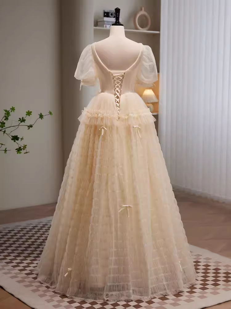 Fairytale A Line V neckline Short Sleeves Tulle Long Prom Dress C992