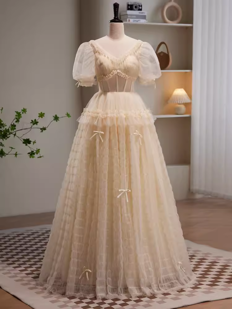 Robe de bal longue en Tulle, ligne A, col en V, manches courtes, conte de fées, C992