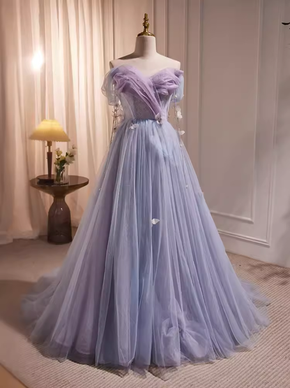 Fairytale A Line Off The Shoulder Short Sleeves Tulle Long Prom Dress C993